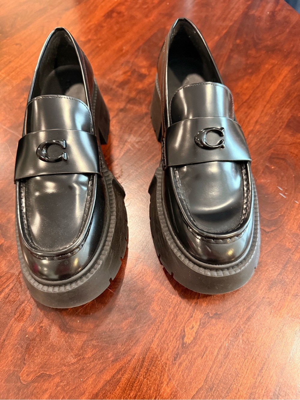 Coach Black Patent Leather Chunky Penny Loafers with C Logo